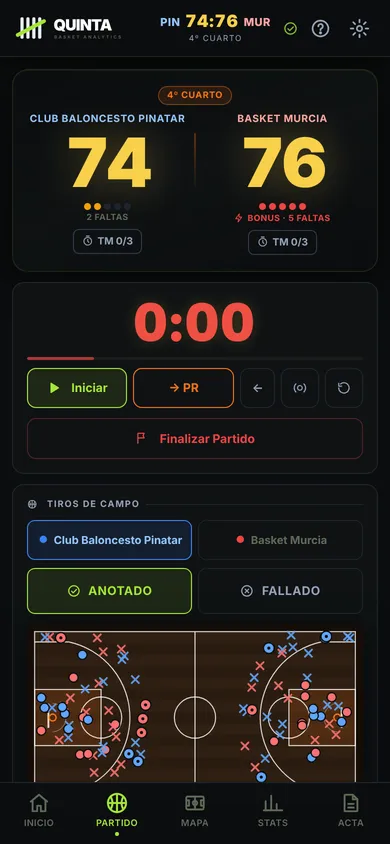 Pantalla de partido de baloncesto en QUINTA