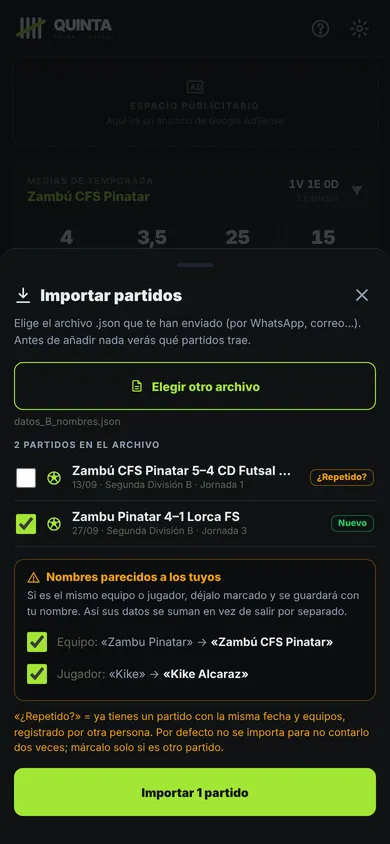 Pantalla de importar partidos con avisos